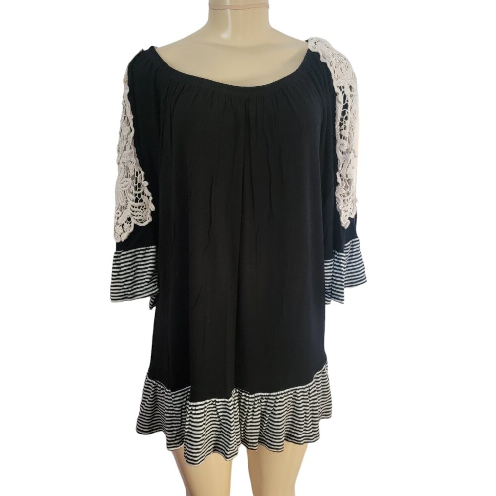 Emerald Brand Mixed Media Black with Lace Tunic Top - Picture 2 of 16